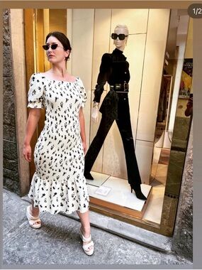 White Midi Dress with Black Floral Print